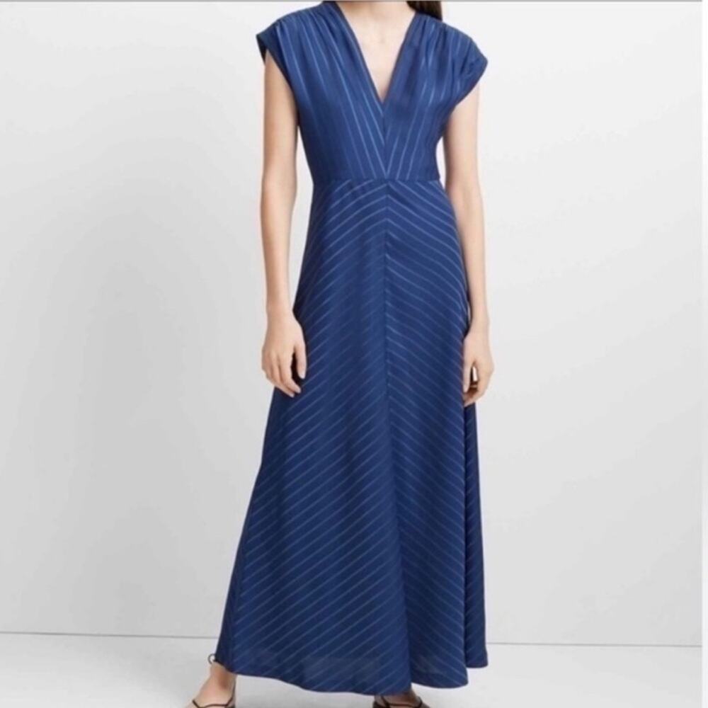 Club Monaco Ravonah Blue Maxi Dress Chevron Stripe V Neck Cap Sleeve Long Size 4